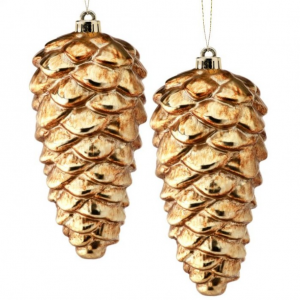 10'' Antique Gold Pine Cone Ornament S/2