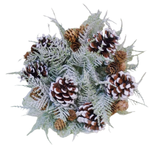 10'', 3'' Opening 
Flocked Greens Pine Cones Candle Ring