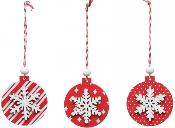 2.5'' Red/White Wooden Snowflake Ornament S/3