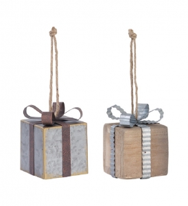 3.5'' Wood/Metal Mini Gift Box Ornaments S/2