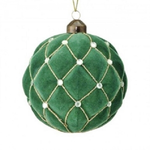 4'' Green/Gold Glass Glitter Net Jewel Flocked Ornament S/6