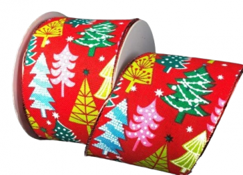 #40 Wired Linen Retro Christmas Trees ribbon 10 yards
