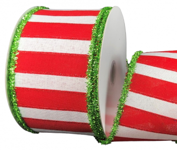 #40 Wired Red/White Wide Stripes Green Tinsel Edge ribbon 10 yards 