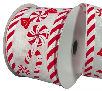 #40 Wired White Satin Peppermints/ Candy Canes Ribbon 10 yards