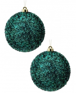 6'' Emerald Beaded/Glitter Ball Ornament S/2