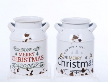 6'' Enamel Metal Merry Christmas Milk Can S/2