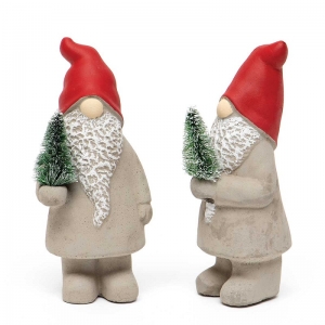 7'' Concrete Standing Gnome with Tree S/2 with Red Hat 