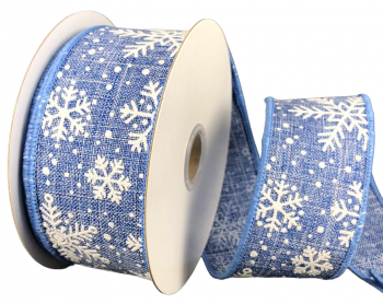 #9 Wired Denim Blue Linen/White Glitter Snowflake Ribbon 10 yards 