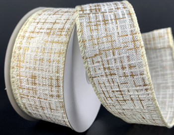 #9 Wired Ivory Linen Gold Glitter Print Tweed Ribbon 10 yards 