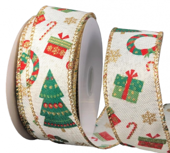 #9 Wired Ivory Linen with Retro Christmas Icons Ribbon 10 yards 