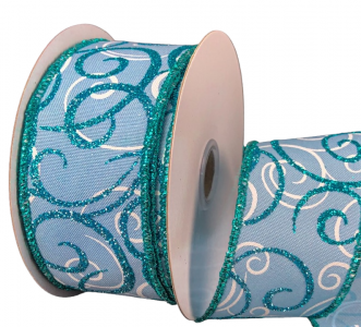 #9 Wired Light Blue Satin with Turquoise/White Swirls Ribbon 10 yards 