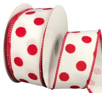 #9 Wired Linen Flocked Dots White/Red Ribbon 10 yards 
