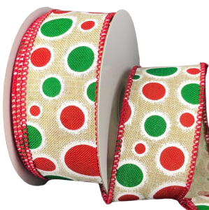 #9 Wired Natural Linen/Red & Emerald Dots Ribbon 10 yards 
