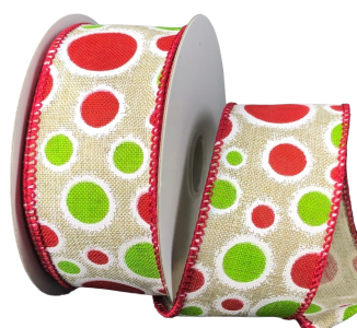#9 Wired Natural Linen/Red & Lime Dots Ribbon 10 yards 