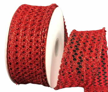 #9 Wired Red Squiggle Glitter Net Ribbon 10YD