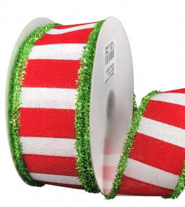 #9 Wired Red/White Wide Stripes Green Tinsel Edge Ribbon 10yards 