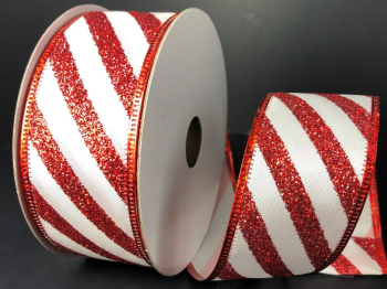 #9 Wired Satin/Glitter Candy Cane Stripes Red & White Ribbon 10 yards 