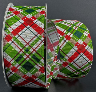 #9 Wired White/Lime/Moss/Red/Gold Diagonal Plaid Ribbon 10 yards 
