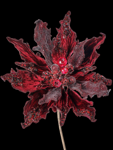 Burgundy Glitter Jeweled Poinsettia Stem 24", 14" Bloom