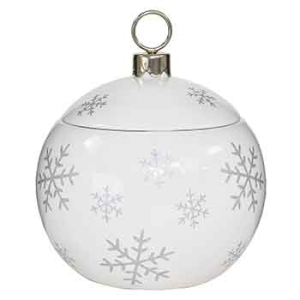 Ceramic White/Silver Snowflake Container with Lid 
7", 4" Opening