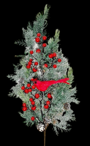 Frosted Pine Pine Cone Cedar Cardinal Berry Spray 30''
