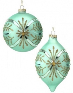 Glass Ball/Finial Ornaments S/6 Green/Gold