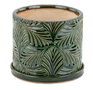 Green Ceramic Leaf Pattern Planter with Saucer 6''