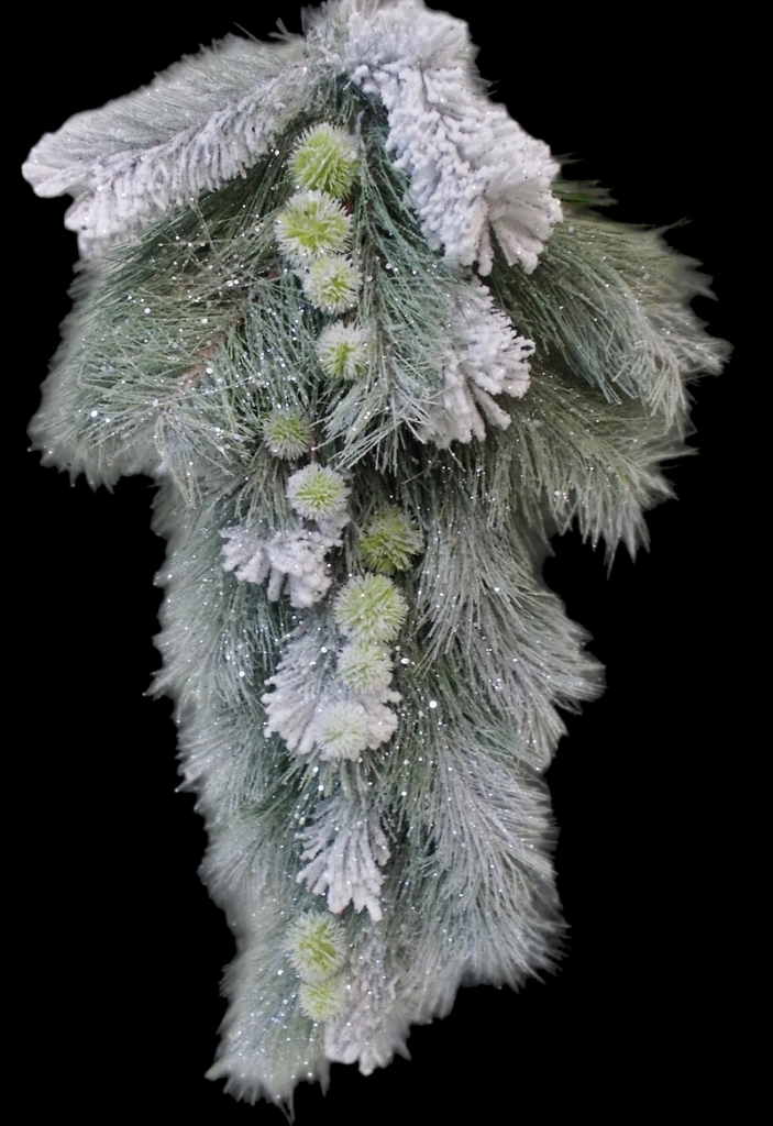 Long Needle Frosted Glitter Pine Pom Pom Teardrop 30"