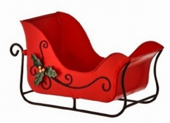 Metal Sleigh with Holly Accents Container 9.5''
