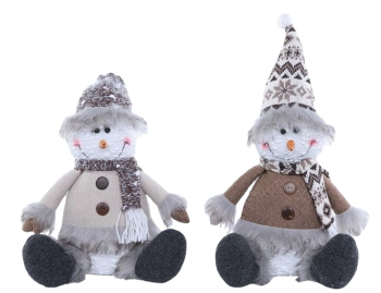 Brown, Grey & White Plush Sitting Snowman S/2