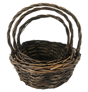 Round Brown Willow/Grass Design Basket with Liners S/3 10'' - 14'' 