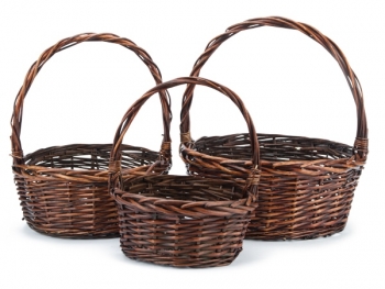 Round Dark Brown Willow Design Basket with Liners S/3 9'' - 13'' 
