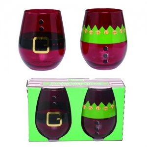 Santa/Elf Trousers Stemless Wine Glasses S/2
