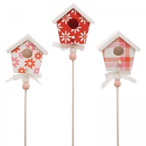 Wooden Bird House Stick In Pick S/3 10" 
