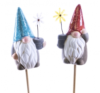 Ceramic Gnome Stick In Pick 2 Assorted S/12 3" Gnome, 8" Pick
