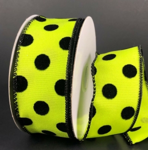 #9 Wired Black Flocked Dots on Lime Satin 1.5" x 10yd
