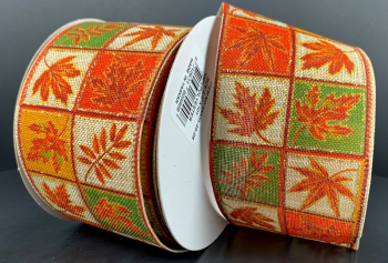 #40 Wired Natural Linen Orange/Green Box Leaves 2.5" x 10yd