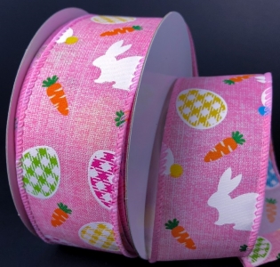 #9 Wired Pink Linen with Printed Bunnies and Gingham Eggs  1.5" x 10yd
