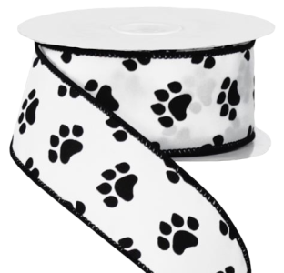 #9 Wired White Satin with Black Paw Prints  1.5" x 10yd