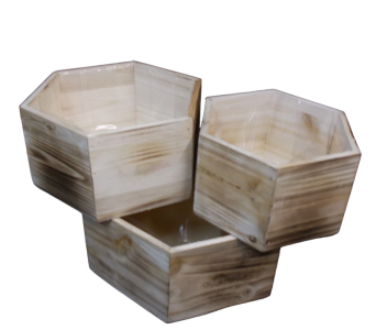 Brown Hexagonal Wooden Boxes with Liners S/3 9.75",8",6"