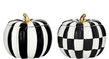 Ceramic Black and White Pumpkin with Lid S/2 5.5", 4.25" Opening
