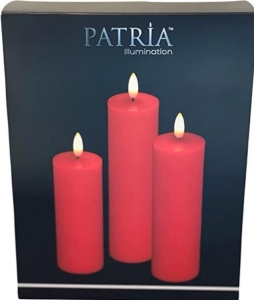 Red Patria Realistic Flameless Wax Pillar Candle Set/3 with Timer
2" x 5",6",7"