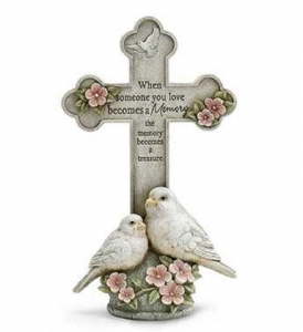 Resin Memorial Cross with Doves 11.5'' 