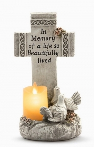Resin Memorial Cross with LED Pillar Candle 9.5", Batteries Included