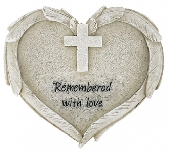 Resin "Remembered with Love" Heart Stone with Cross 6'' 
