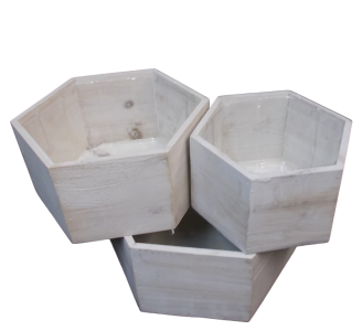 White Hexagonal Wooden Boxes with Liners S/3 9.75",8",6"