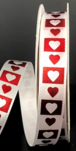 #3 White Satin Red/White Foil Heart Squares 5/8" x 10yd