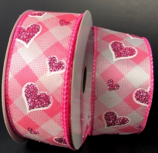 #9 Wired Pink/White Plaid Pink Glitter Hearts 1.5" x 10yd