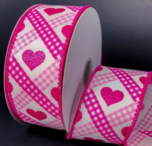 #9 Wired Pink Glitter Heart Gingham Argyle 1.5" x 10yd