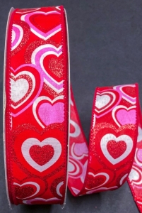 #9 Wired Pink/Red/White Multi Hearts Satin 1.5" x 50yd!